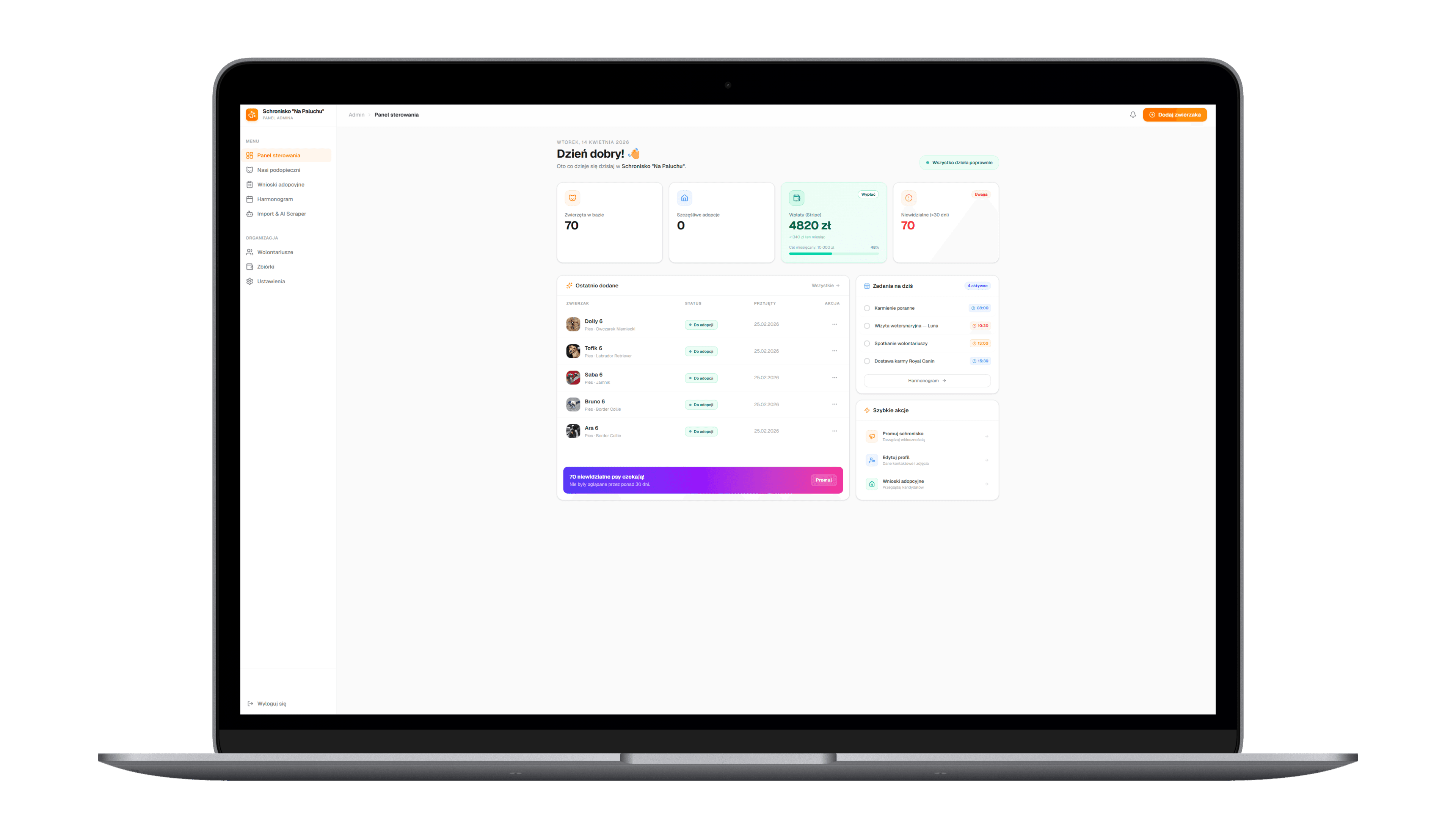 Adoptio shelter admin dashboard with KPIs