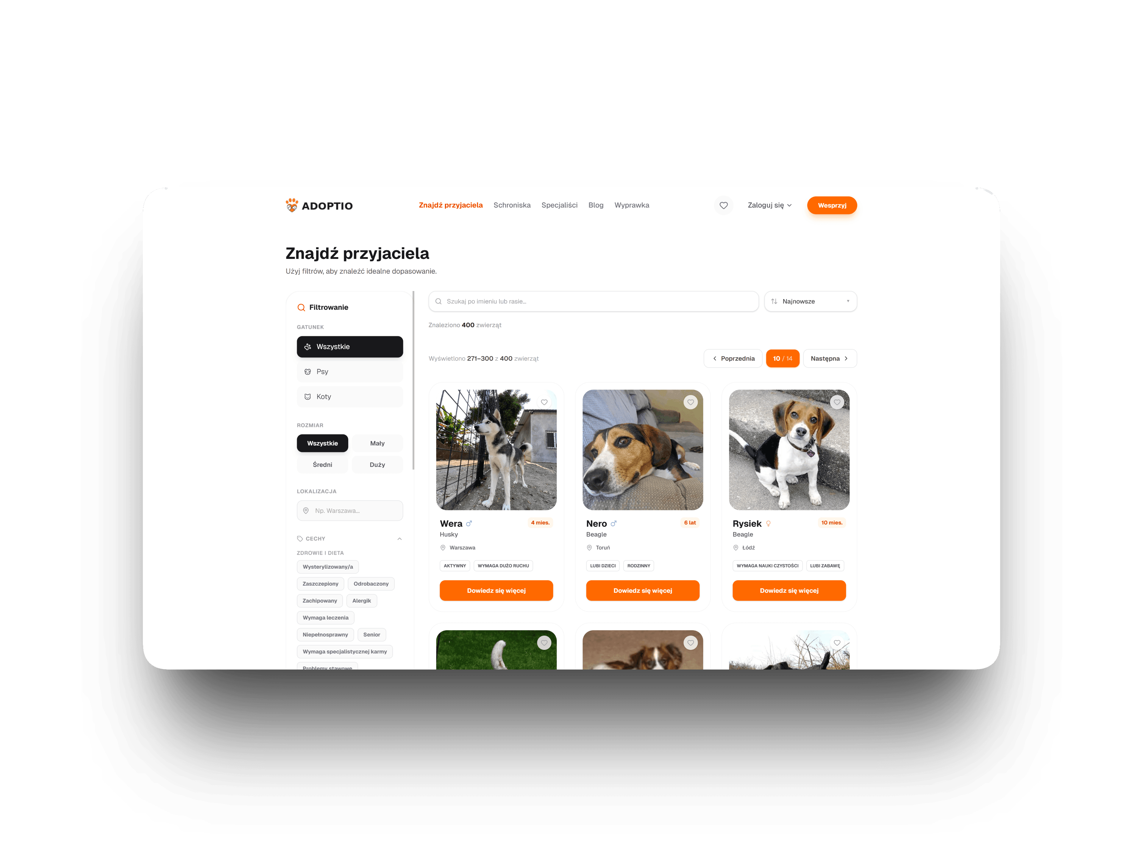 Adoptio search page with active filters
